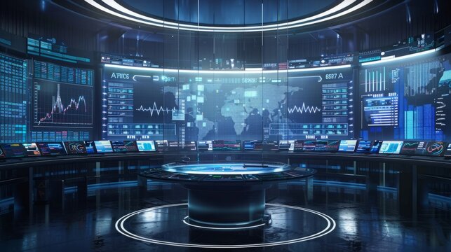 A large room packed with numerous monitors displaying various data and information.