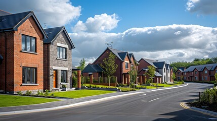 Naklejka premium A photo of contemporary red brick houses in an Irish suburban setting with green lawns and blue skies.