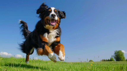 バーニーズ・マウンテン・ドッグが広い芝生を駆け抜ける