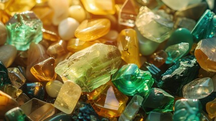 A stunning collection of diverse stones, their colors ranging from emerald green to golden yellow, lying in a harmonious pattern, reflecting sunlight beautifully