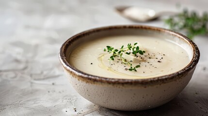 Creamy Soup with Herbs and Pepper Garnish
