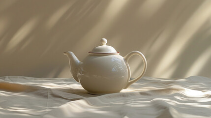 Cream White Ceramic Teapot on Wrinkled Fabric in Sunlit Room with Shadow Patterns