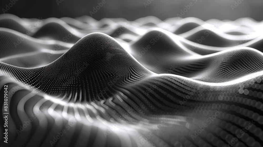 Poster abstract black white mesh waves with dots and stripes on dark blurred background representing techno