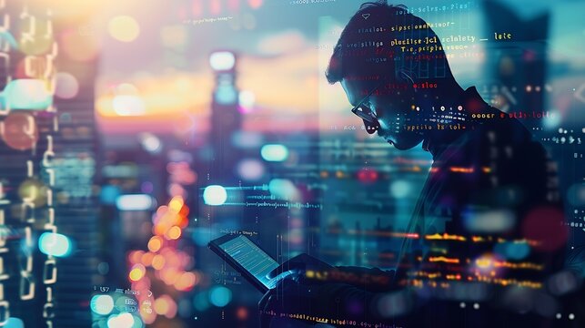 Business and technology software development IoT concept Double exposure man programmer software developer working on digital tablet and smart city with binary html computer code on sc : Generative AI
