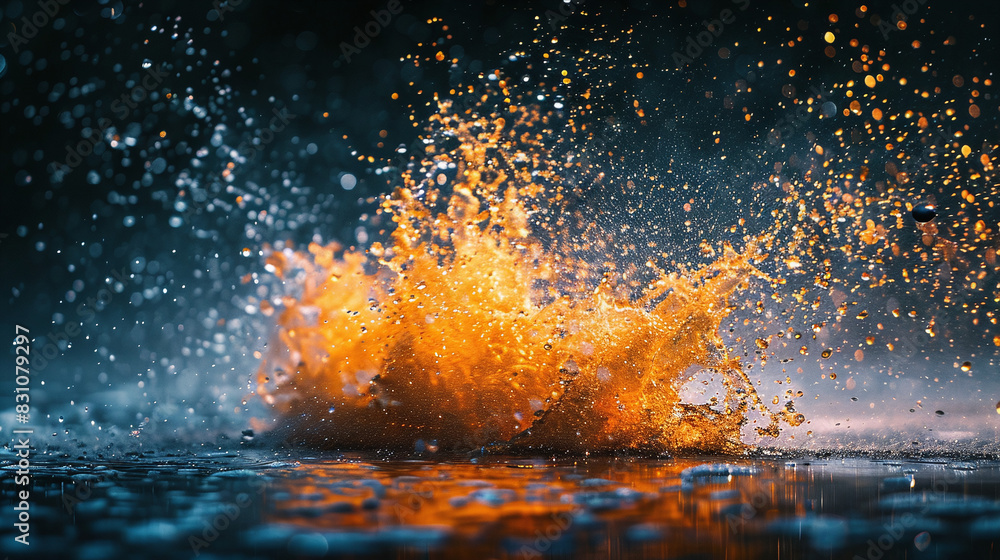 Poster orange paint splash in water against dark background creating dynamic explosion effect