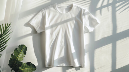 White T-Shirt Hanging on Wall in Sunlit Room with Green Plants and Shadow Patterns