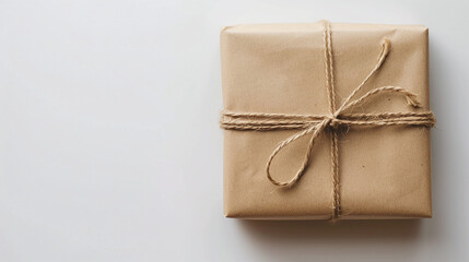 Obraz premium Brown Paper Wrapped Gift with Twine Bow on White Background Symbolizing Minimalist Gift Giving