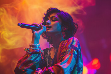 young indian woman singing with microphone