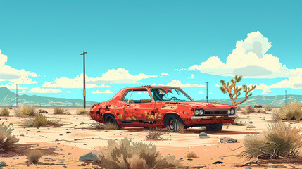 Vintage Rusty Red Car Abandoned in Desert Landscape with Clear Blue Sky and Sparse Vegetation