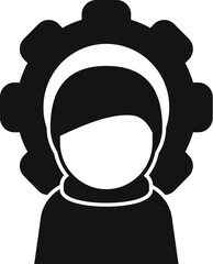 Black and white icon of a woman's side profile with curly hair