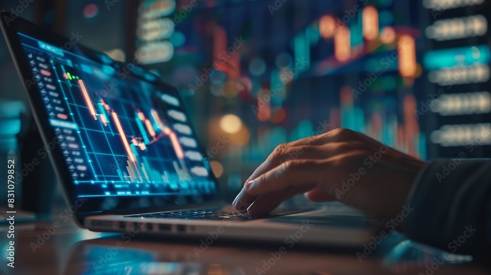 Poster business finance data analytics graph chart report man using laptop computer hand typing investment 