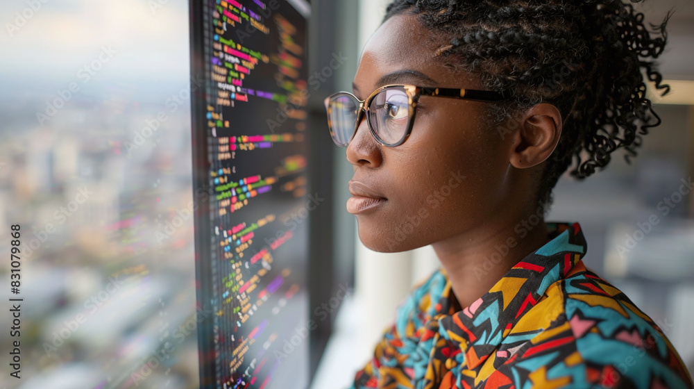 Poster focused woman in glasses working on computer coding in office with city view background