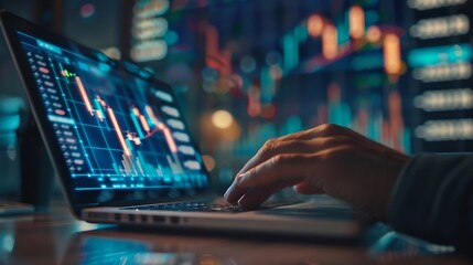 Business finance data analytics graph chart report man using laptop computer hand typing investment data digital marketing KPI sale report financial management technology cyber space m : Generative AI