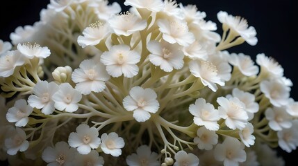 Close up of soft white coral flowers in full bloom, creating a delicate and ethereal floral composition.
