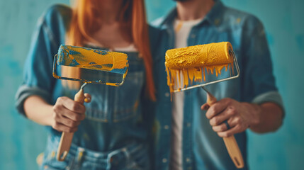 Couple Holding Paint Rollers Covered in Bright Yellow Paint Wearing Denim Shirts in Blue Room - Powered by Adobe