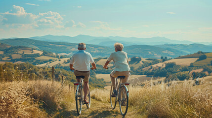 Senior Couple Cycling on Scenic Countryside Path Enjoying Nature and Active Lifestyle