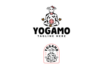 dairy cow with meditation and yoga cartoon logo design for animal, healthy, meditation and yoga