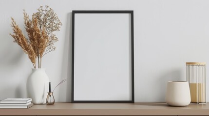 Elegant White Frame Mockup with Vase and Books on Clean Desk, Perfect for Display or Artwork Presentations