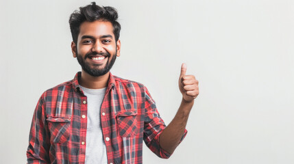 young indian man giving thumbs up on white background