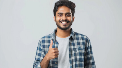 young indian man giving thumbs up on white background