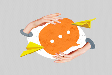 Composite photo collage of hand hold text box messenger logo paper plane send message online...