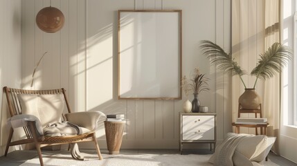 Classic White Frame Mockup in Elegant Beige Bedroom, Perfect for Sophisticated Home Styling