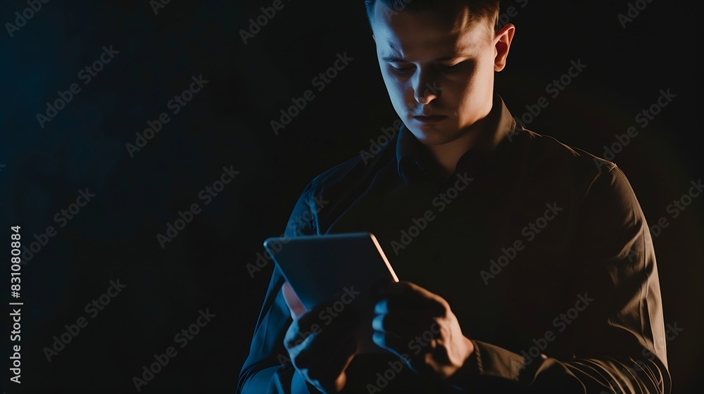Poster business man with tablet technology or corporate communication isolated on studio background interne
