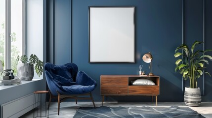 Fototapeta premium Stylish Navy Blue Frame Mockup in Modern Living Room, Ideal for Contemporary Home Decor