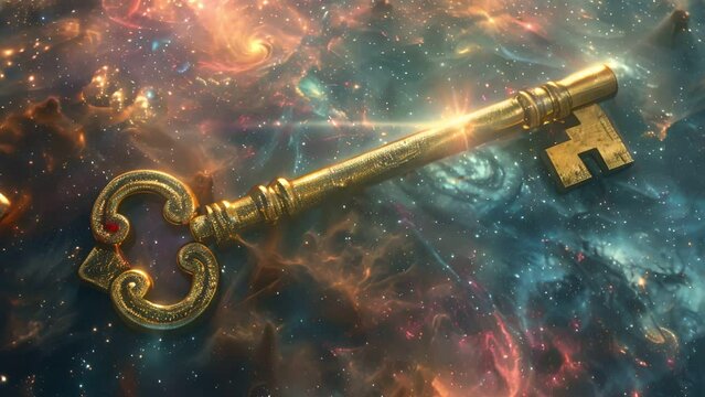 A tarnished antique key lies on a colorful cosmic background, symbolizing unlocking potential and secrets.