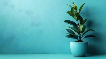 A potted plant growing on the right side of an empty light blue background, symbolizing growth and environment protection.