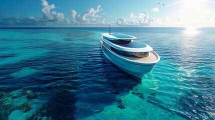 A luxurious solar-powered cruise ship Solaris Cruiser gliding through the crystal-clear waters of the Caribbean, sleek design, solar panels gleaming in the sun