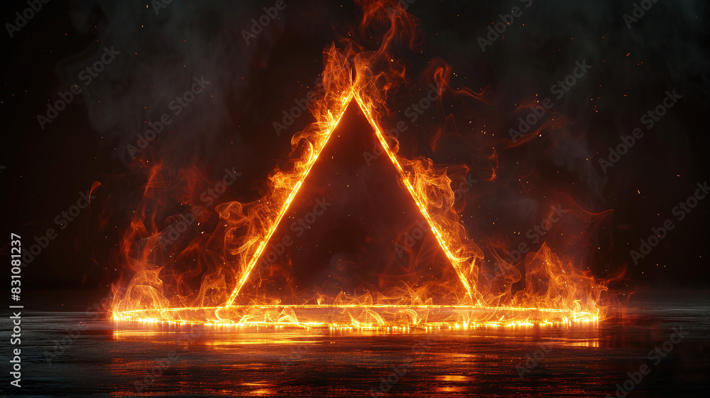 Poster glowing fiery triangle on dark background symbolizing power and energy in mystical atmosphere
