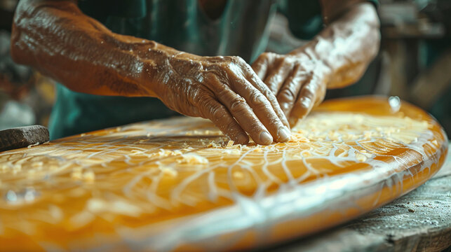 Craftsman Polishing Handmade Surfboard Closeup Brown Hands Yellow Surfboard Wood Workshop