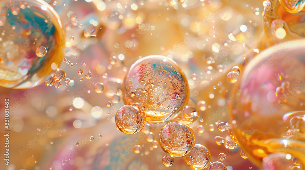 Aufkleber orange bubbles floating in viscous liquid with bokeh background light and refractions