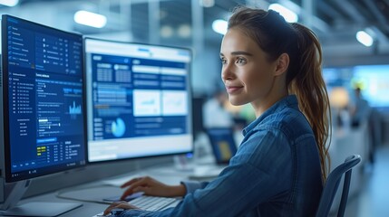 Fototapeta premium Smiling Woman Working on Computer in Modern Office During Daytime