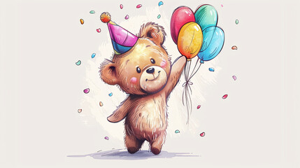 Fototapeta premium Cute Brown Teddy Bear Wearing Party Hat Holding Colorful Balloons and Confetti on Light Background