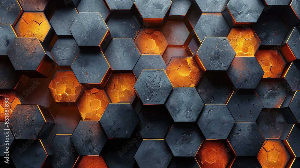 Poster abstract hexagonal dark black and orange geometric pattern background with glowing light