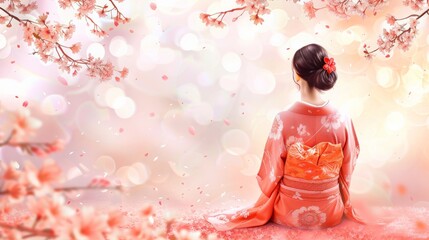 Fototapeta premium Peaceful scene of a woman sitting gracefully in her kimono amidst blooming sakura
