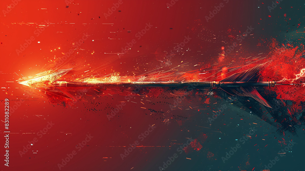 Poster fiery arrow in motion with red and dark blue abstract background signifying speed and power