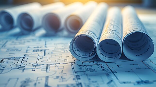 A stack of architectural blueprints and drawings on top, with rolled up paper rolls in the background.