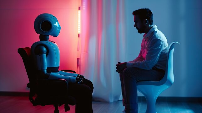 Man and AI robot waiting for a job interview AI vs human competition : Generative AI