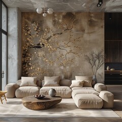 a living room with furniture and decor made to look like it has been painted a