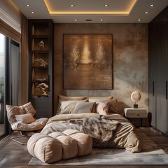 the bedroom has an oriental theme in it and a sofa that can be set up