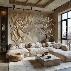 living room with stone wall and plant and sofa set in front of window