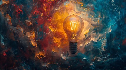 Aerial view, glowing lightbulb amidst swirling oil paints, vibrant and abstract representation of creativity, bright and imaginative energy source