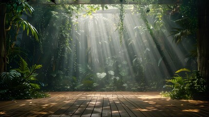 A stage with wood flooring, surrounded by a lush green forest and rays of sunlight shining through the trees, creating an enchanting atmosphere.