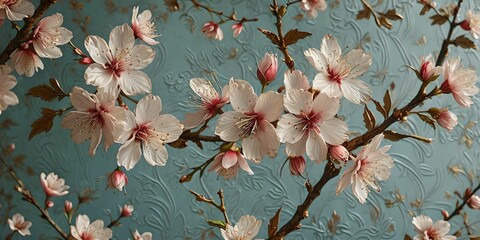 wallpaper depicting an embossed cherry blossom pattern. Set illustrating Japan