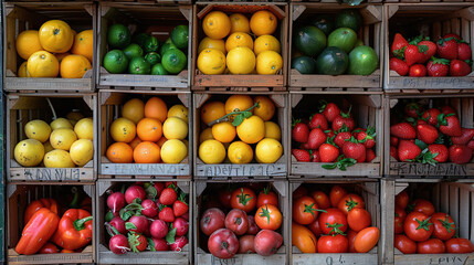 Colorful Fresh Fruits and Vegetables in Wooden Crates at Farmers Market Displaying Variety and Freshness - Powered by Adobe