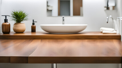 Wooden tabletop counter. out of focus bathroom. copy space