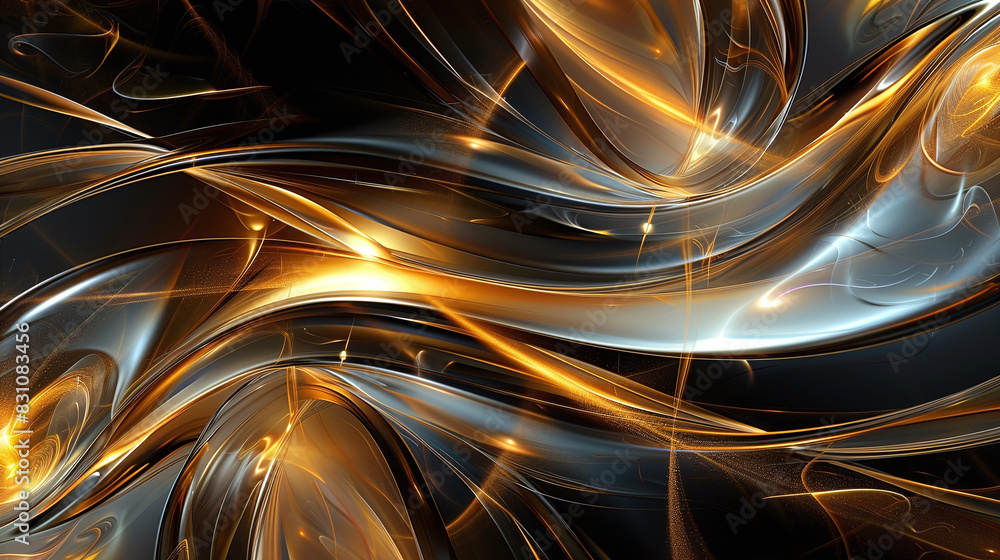 Poster abstract with golden and silver curves on dark background representing fluid motion